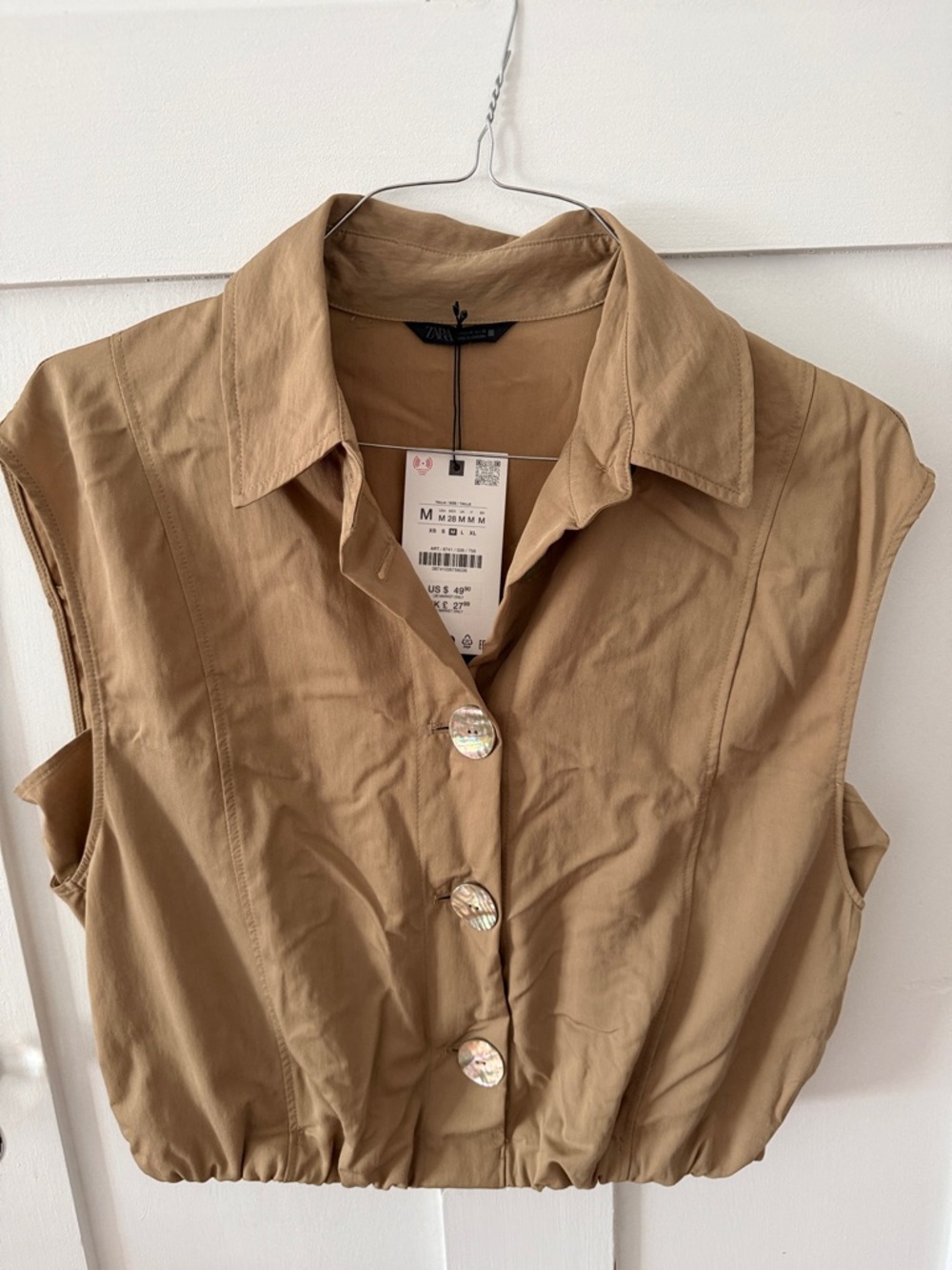 Zara Tan Sleeveless Collared Button-Front Crop Top
